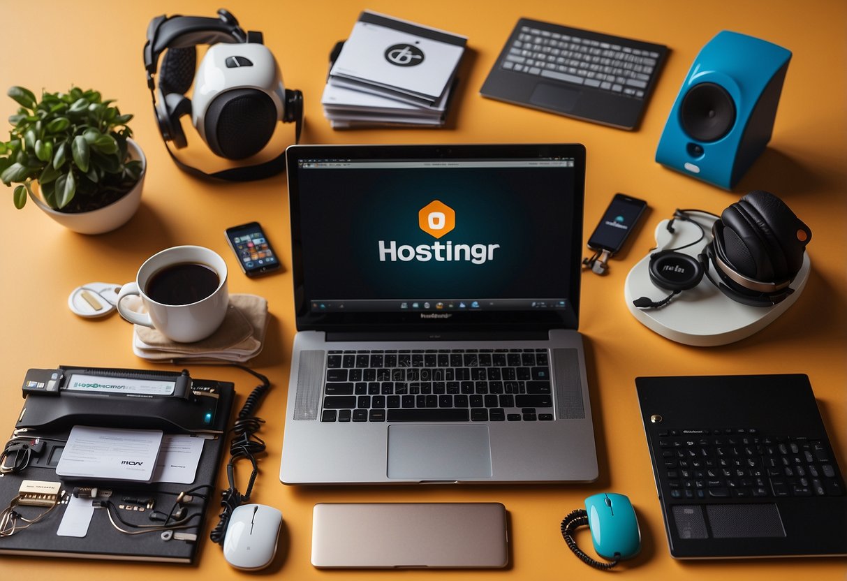 A table with laptops and musical instruments, surrounded by logos of hosting services like Hostinger, SiteGround, and HostGator