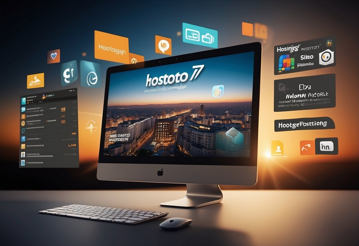 A computer screen displaying the website logos of Hostinger, SiteGround, HostGator, Locaweb, and KingHost, with the text "Melhor Custo-Benefício 7 Melhores Hospedagens para Sites de Fotografia"