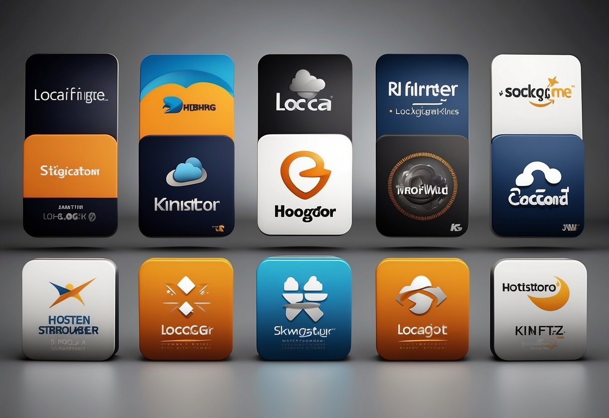 A lineup of logos for top web hosting companies: Hostinger, SiteGround, HostGator, Locaweb, KingHost