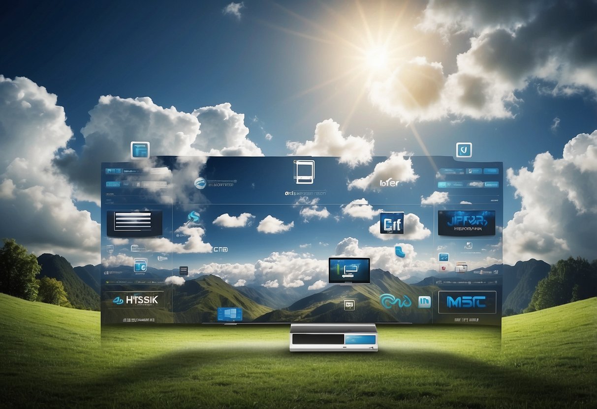 A serene landscape with fluffy clouds and a variety of web hosting logos floating in the sky