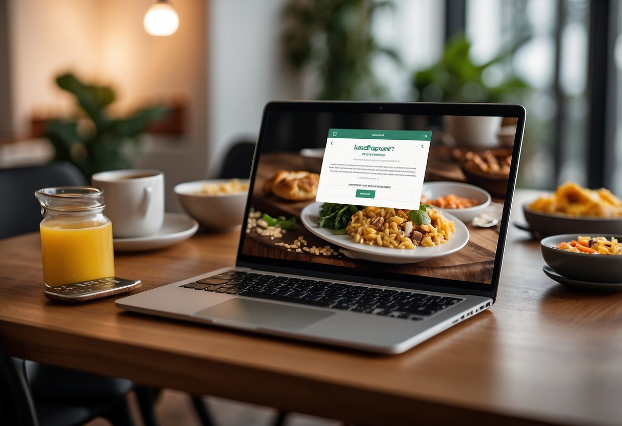 A table with a laptop open to a website featuring recipes and culinary content. Logos of Hostinger, SiteGround, HostGator, and Locaweb displayed on the screen