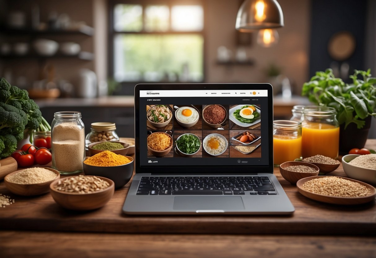 A table with a laptop and various cooking ingredients. Logos of hosting services like Hostinger and SiteGround displayed on the screen