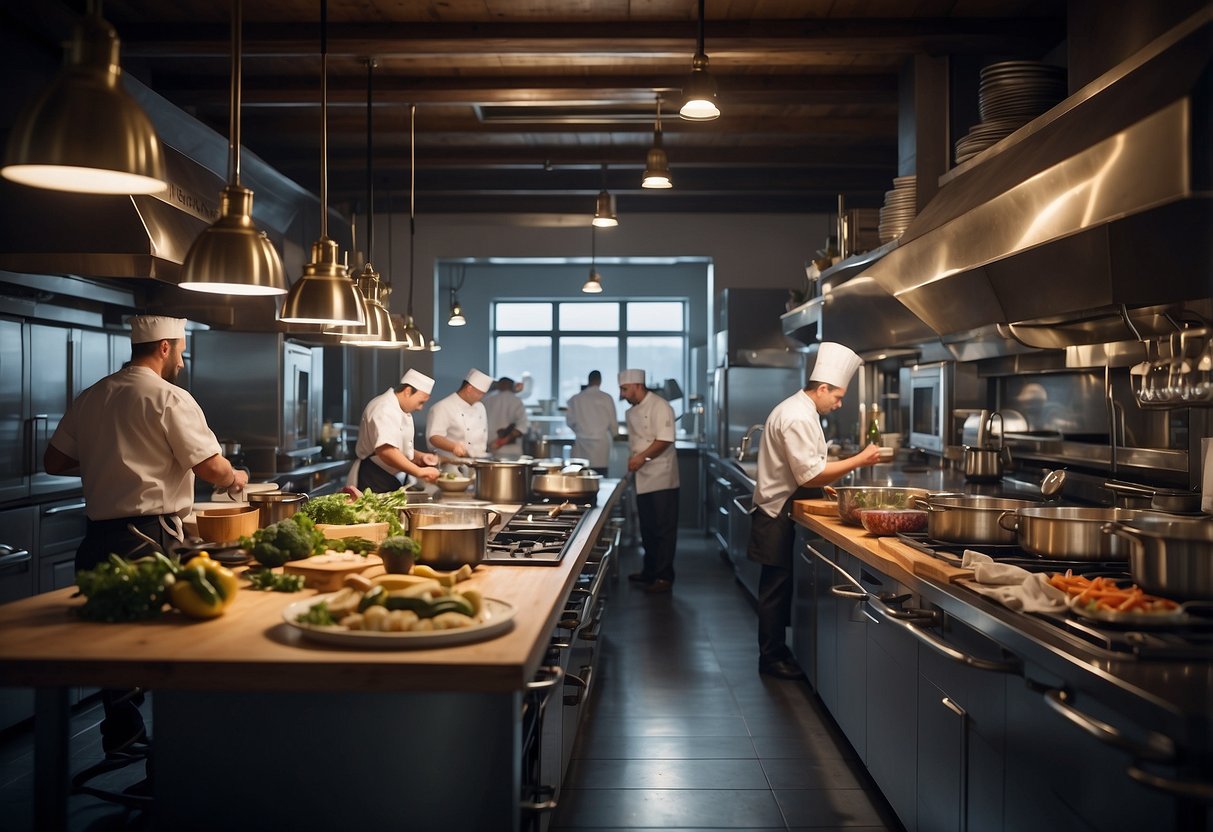 A bustling kitchen with chefs creating delicious recipes, surrounded by modern web hosting logos like Hostinger, SiteGround, and HostGator