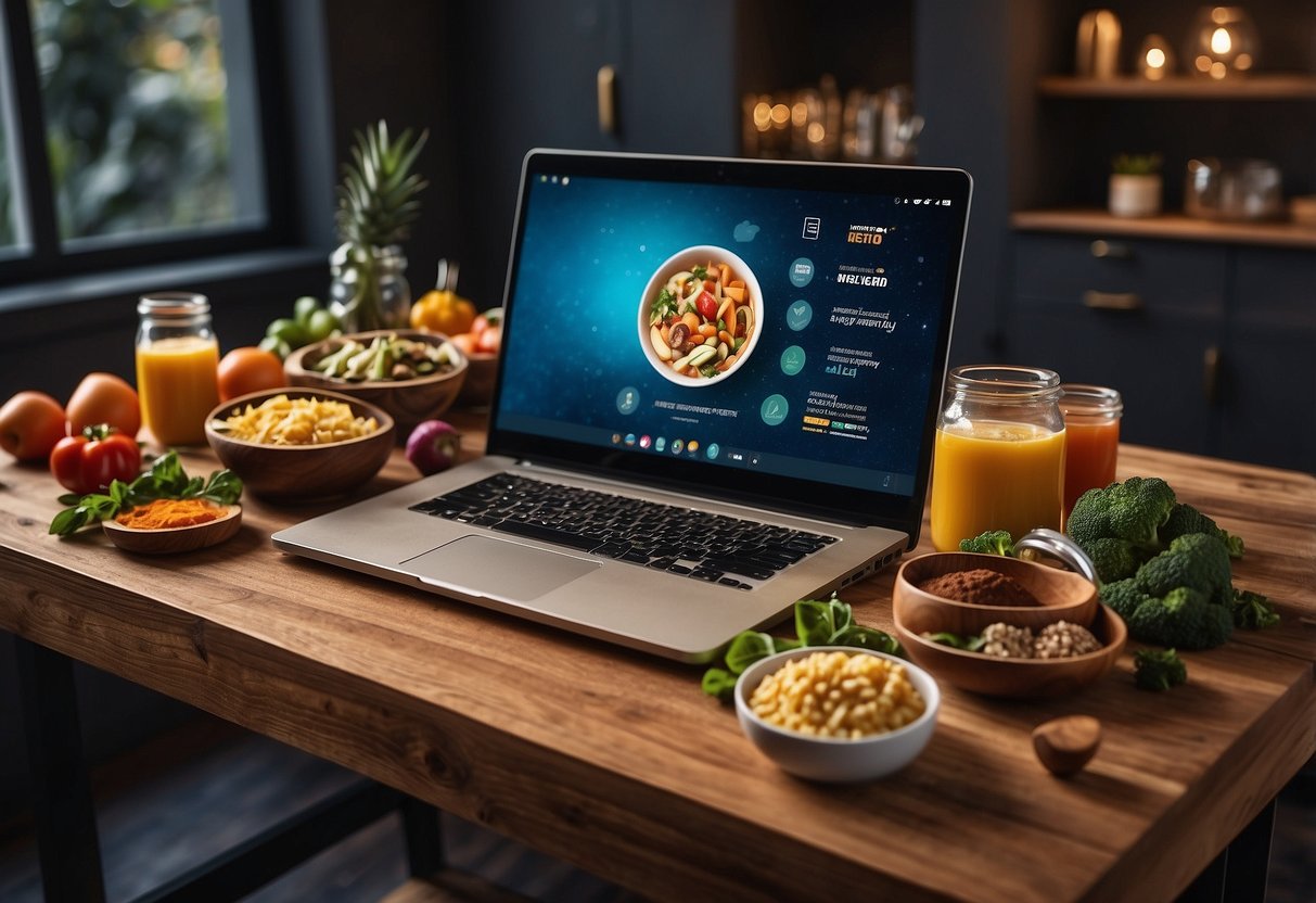 A table with a laptop and various cooking ingredients, surrounded by website logos (Hostinger, SiteGround, HostGator, Locawe) for a culinary website illustration