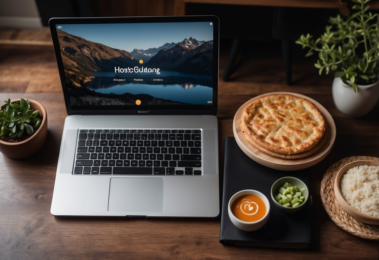 A table with a laptop, cookbook, and kitchen utensils. Logos of Hostinger, SiteGround, HostGator, and Locawe displayed on the laptop screen