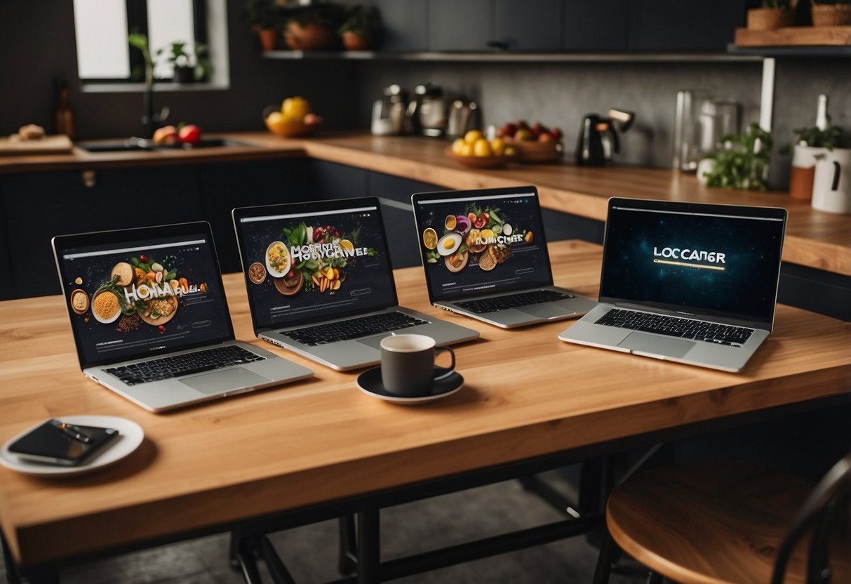 A table with four laptops displaying the websites of Hostinger, SiteGround, HostGator, and Locaweb. The laptops are surrounded by food ingredients and cooking utensils