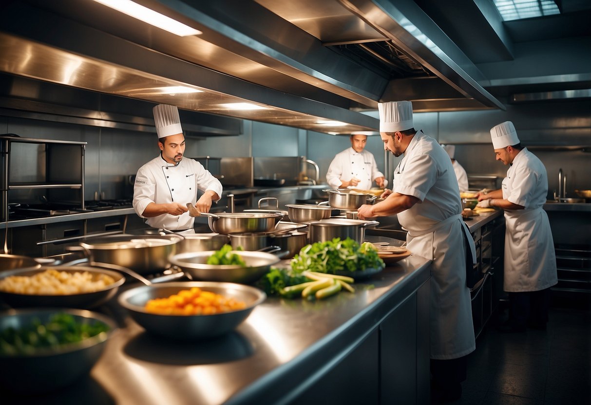 A bustling kitchen with chefs preparing dishes, surrounded by reliable and fast web hosting logos (Hostinger, SiteGround, HostGator, Locaweb)