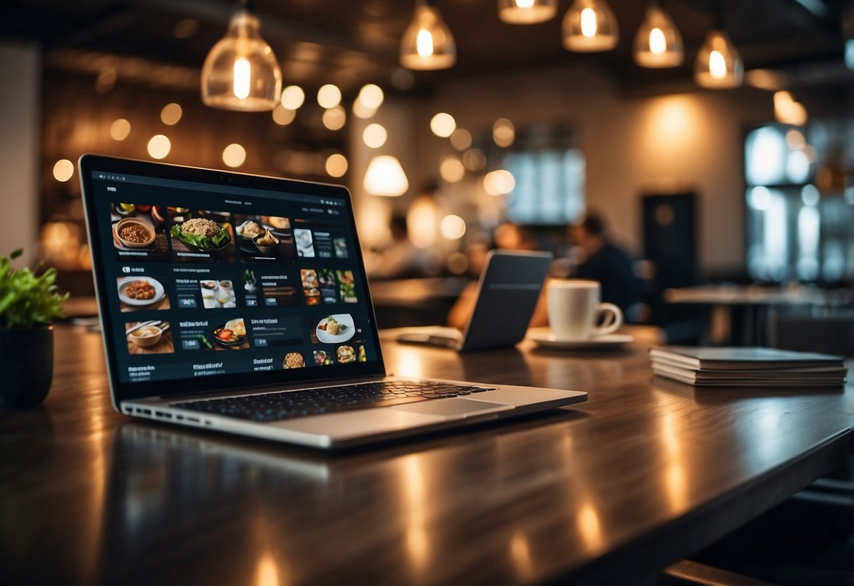 A table with a laptop showing cooking websites, surrounded by helpful customer service representatives from top hosting companies