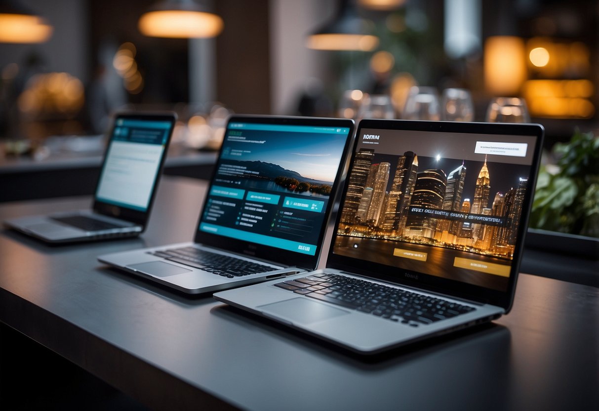 A table with laptops displaying secure data hosting options for culinary websites