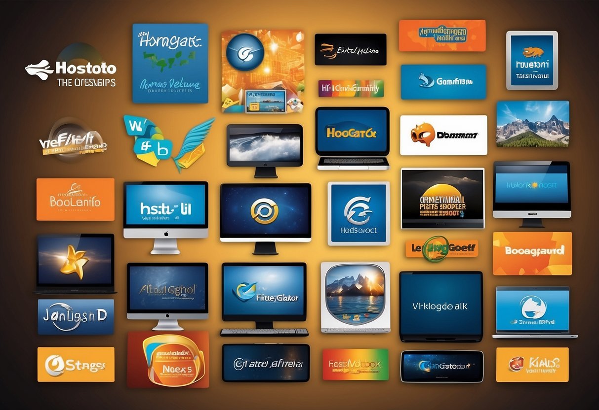 A vibrant array of website hosting logos, including HostGator, SiteGround, and KingHost, against a travel-themed backdrop