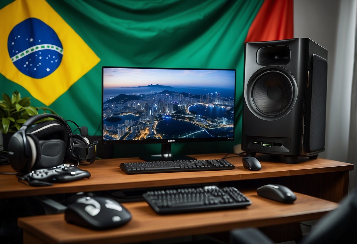 A gaming setup with a computer, comfortable chair, and high-speed internet, surrounded by gaming accessories and a Brazilian flag