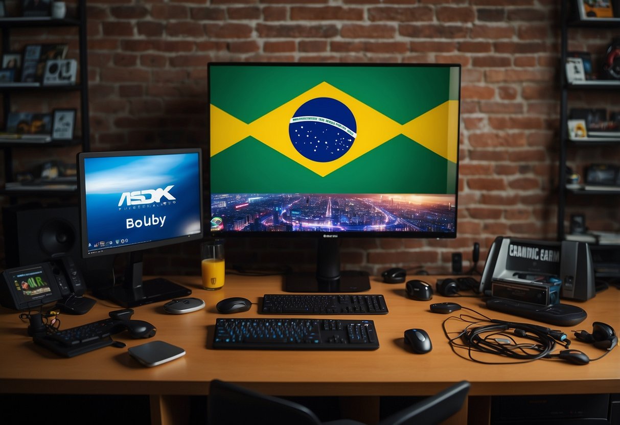 A computer desk with gaming peripherals, surrounded by posters of popular online games, with a Brazilian flag hanging on the wall