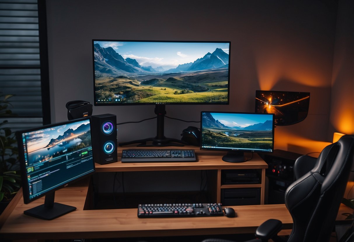 A computer desk with a high-performance gaming PC, multiple monitors, gaming peripherals, and a comfortable gaming chair in a well-lit room