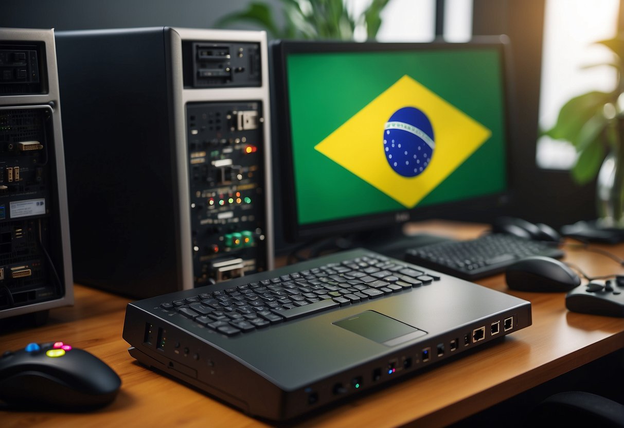 A secure server surrounded by gaming elements and Brazilian flag