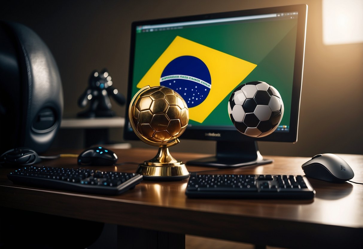 A computer desk with gaming peripherals, a Brazilian flag, and a trophy