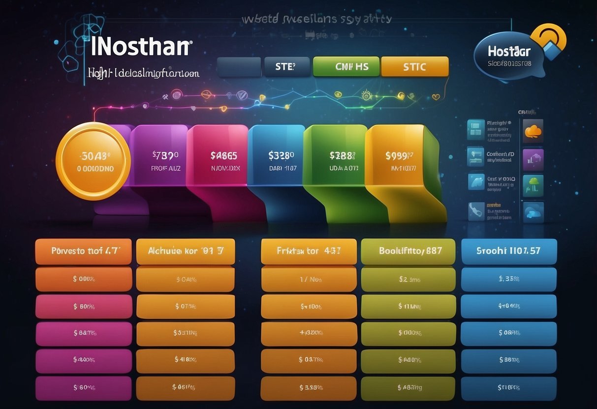 A colorful and vibrant web hosting comparison chart featuring HostGator alongside other top hosting providers, with emphasis on its scalability and user-friendliness