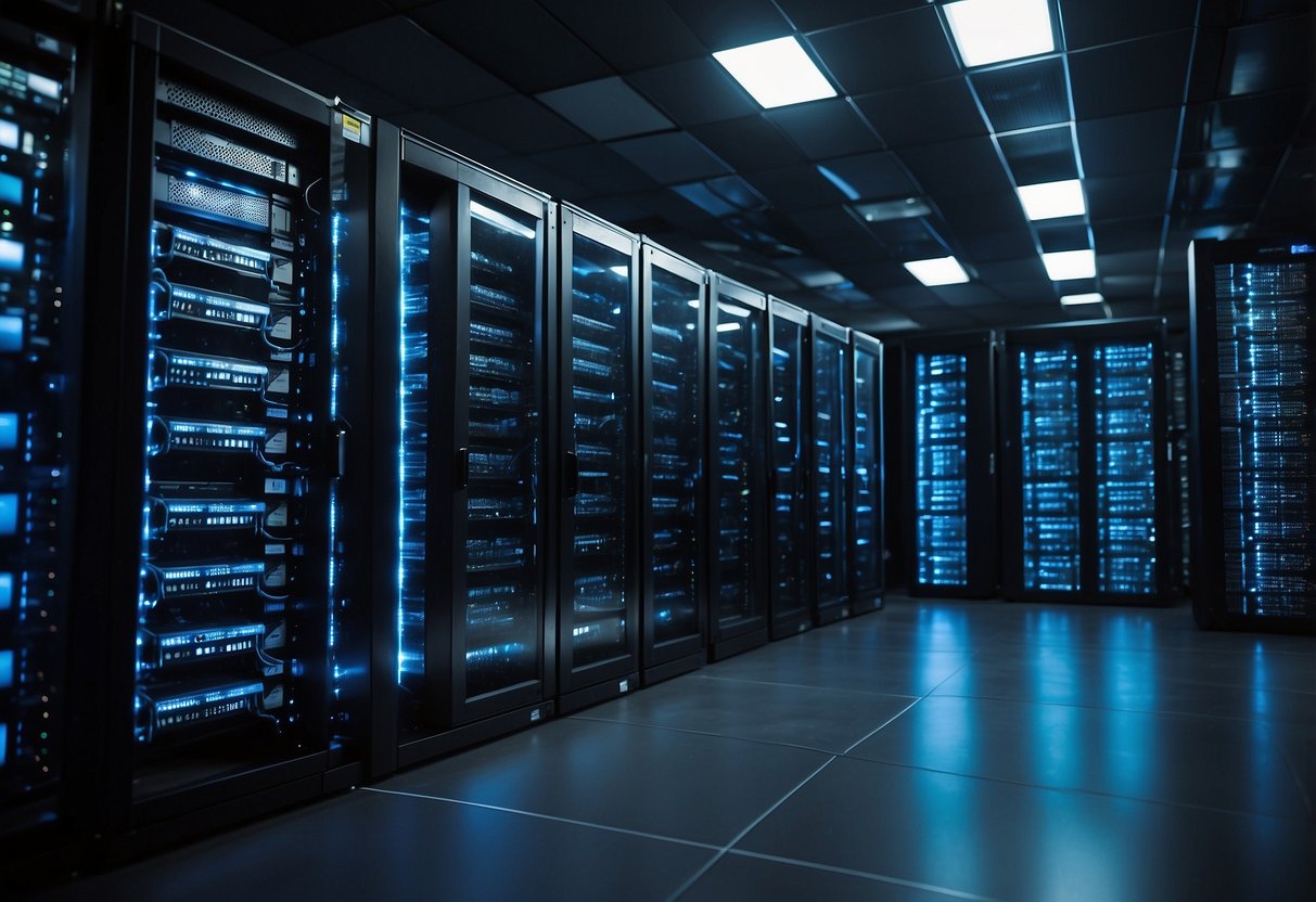 A computer server room filled with rows of neatly organized racks of hosting equipment and cables, with bright, clean lighting and a professional, organized atmosphere