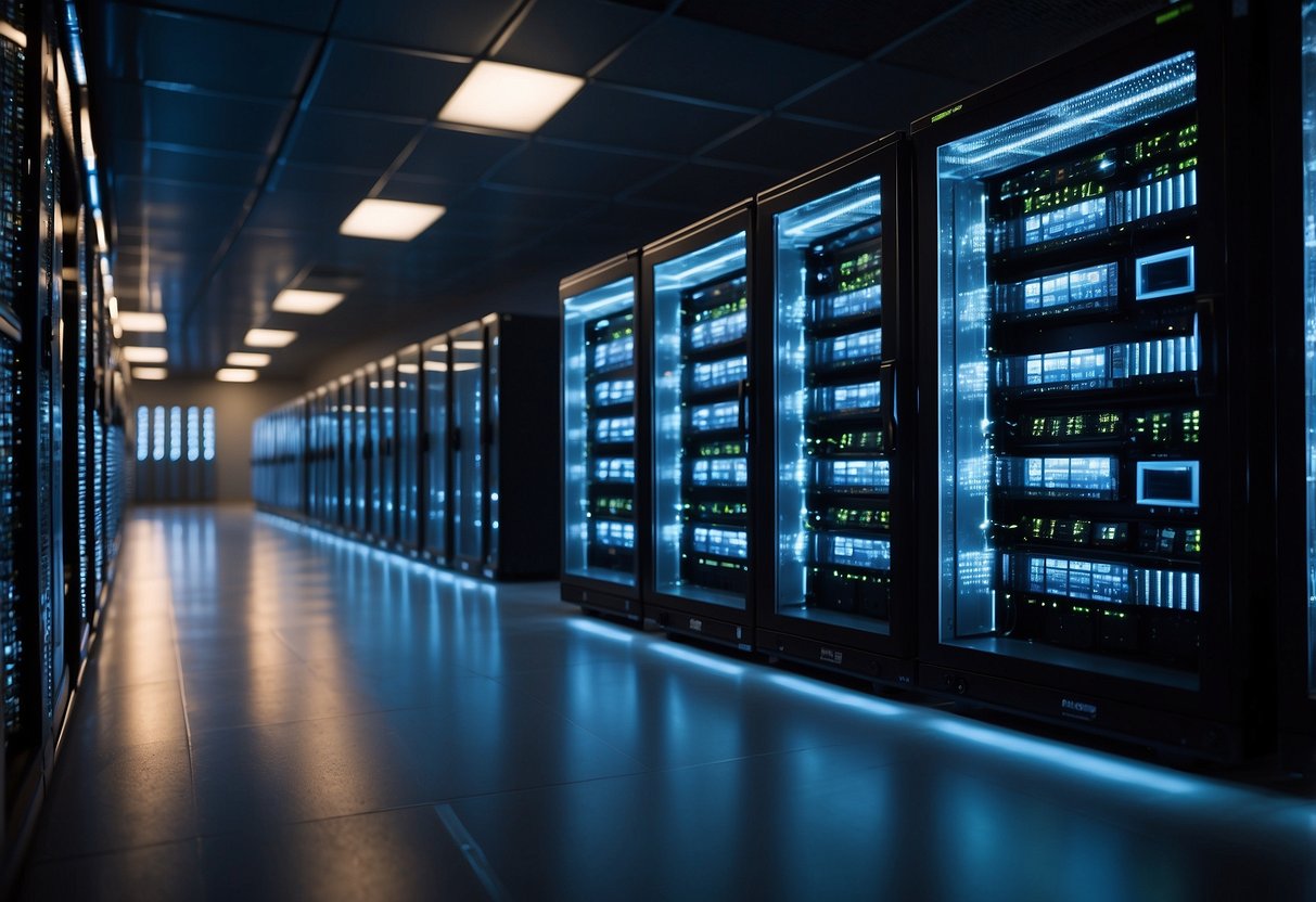 A computer server room with rows of neatly organized servers and blinking lights, indicating a reliable and efficient web hosting service