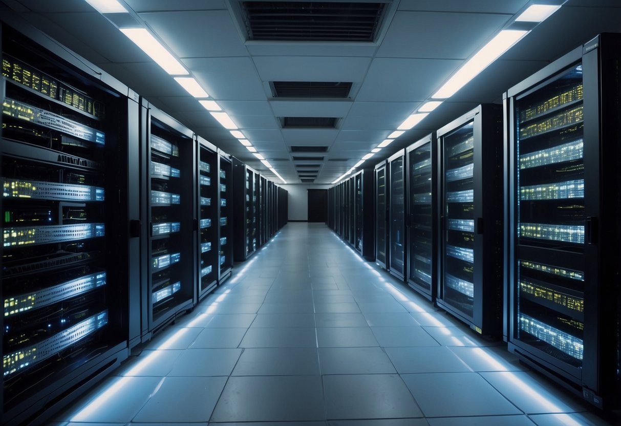 A computer server room with rows of neatly organized servers and cables, illuminated by soft overhead lighting