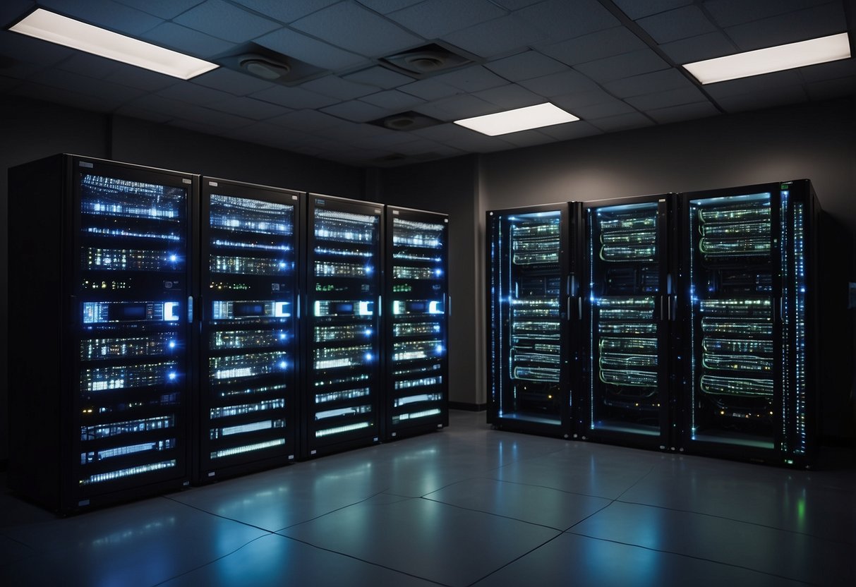 A server room with rows of neatly organized computer servers, blinking lights, and cables connected to a central control panel