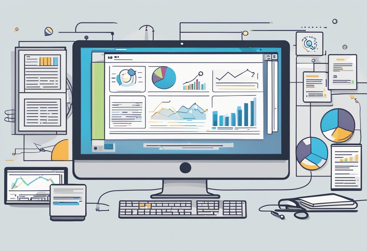 A computer screen displaying SEO tools and techniques with a book titled "SEO dalam Praktik: Strategi dan Teknik manfaat seo" open next to it