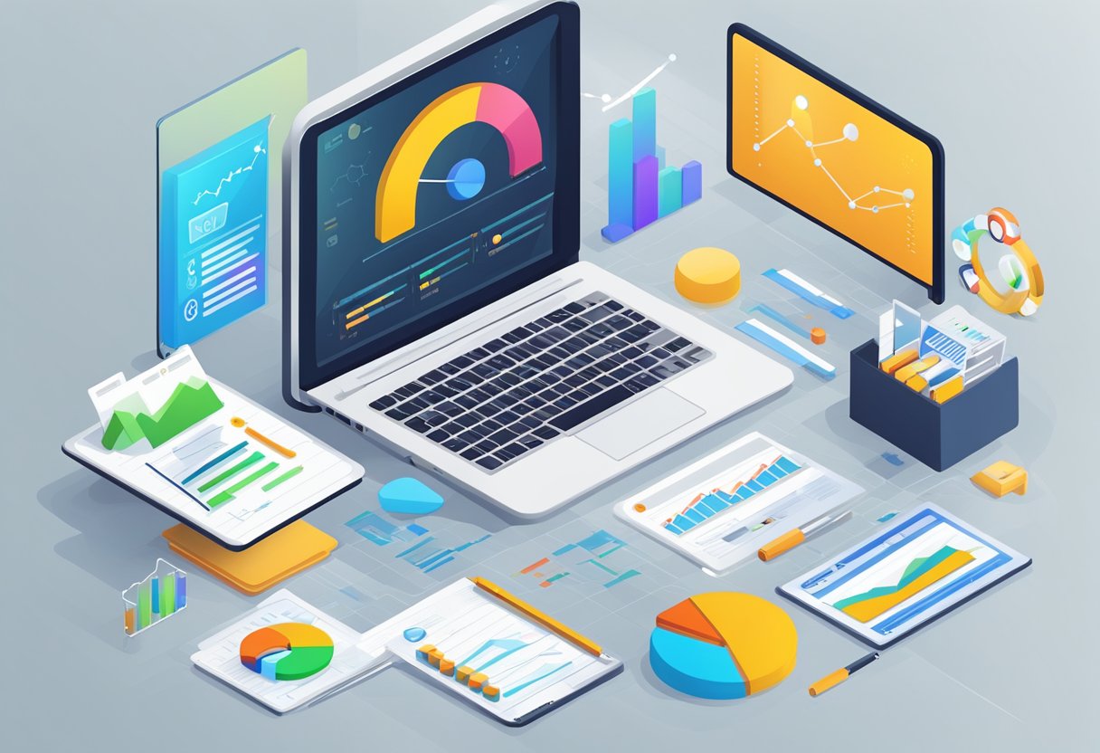 A laptop displaying SEO analytics and digital marketing trends. Charts and graphs show keyword rankings and website traffic