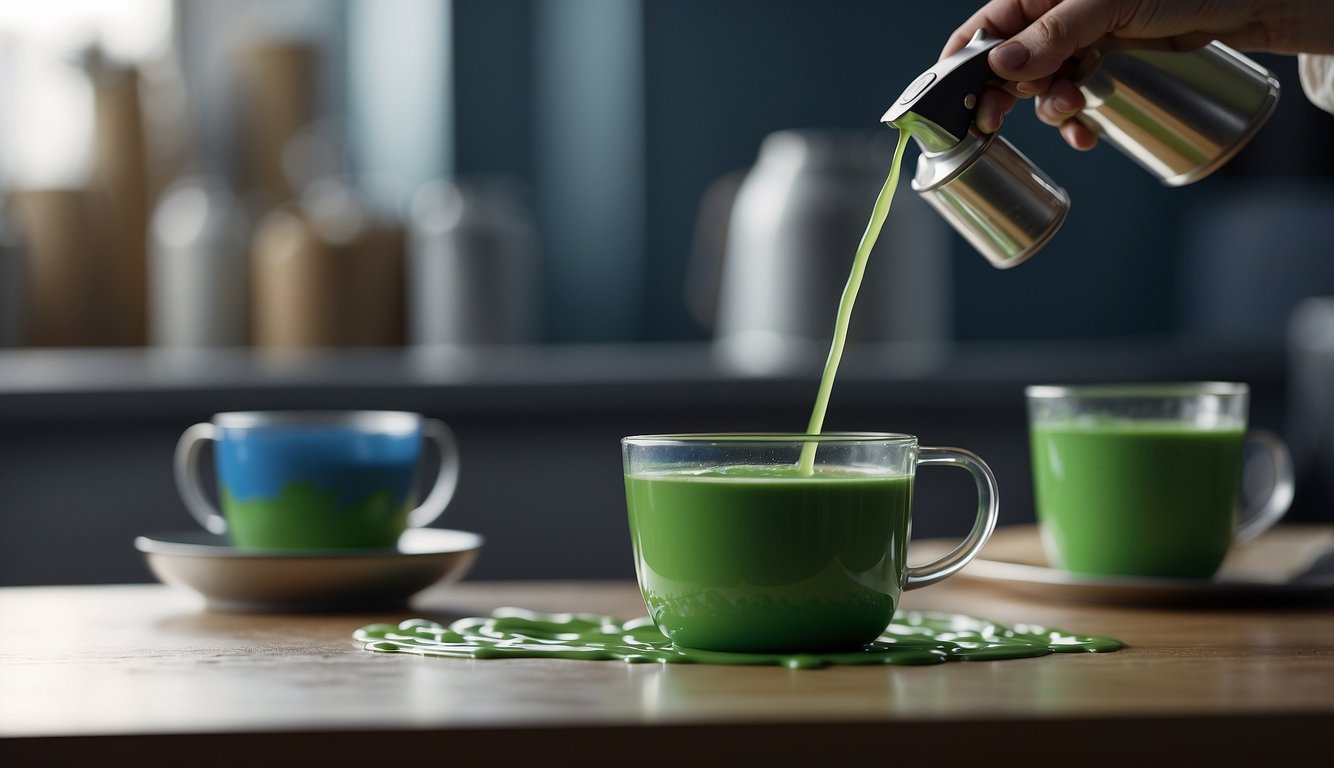 Enamel paint being poured into a measuring cup, with a stir stick and a spray gun in the background