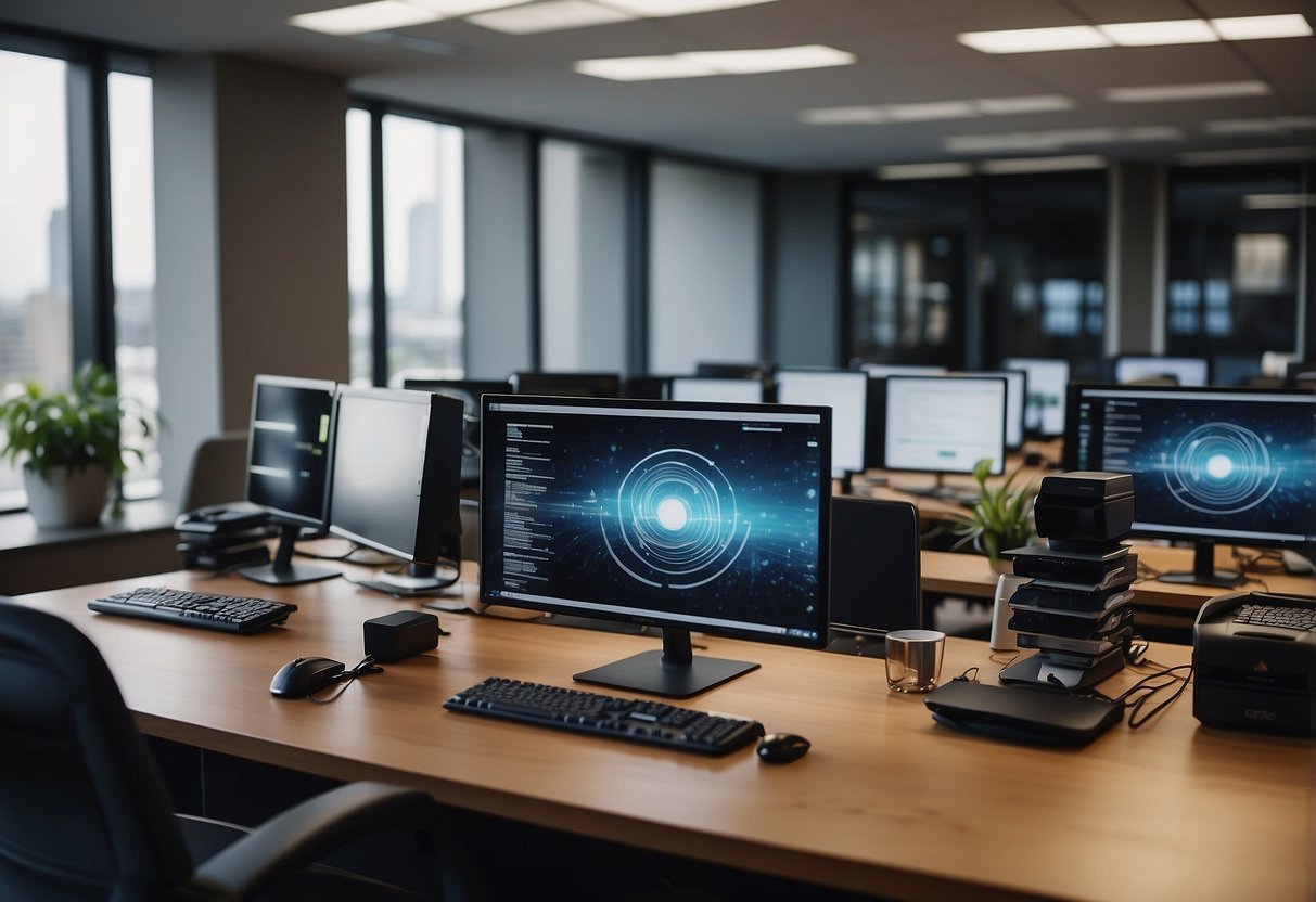 A modern office with computers and technology, symbolizing the advancement of electronic administration. No human subjects or body parts are present