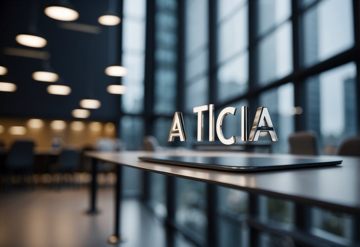 The ATICA agency's logo is displayed on a modern office building, surrounded by digital devices and communication technology