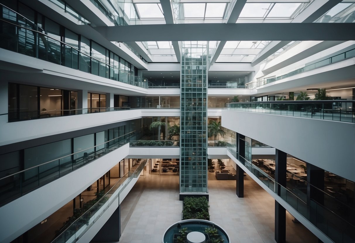 A modern office building with multiple floors and interconnected departments, with clear signage and a central hub for communication and coordination