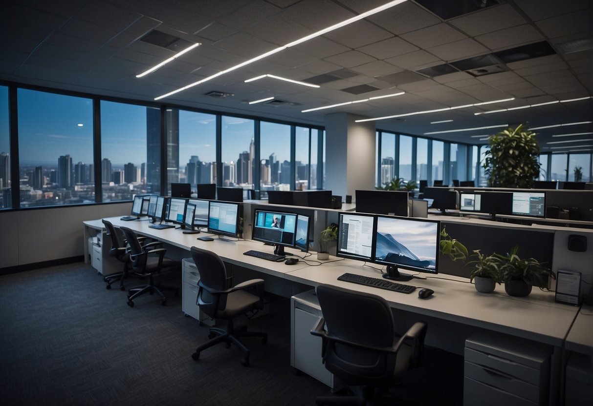 A modern office with computers, servers, and a team collaborating on digital projects for ADAE's development and administration objectives