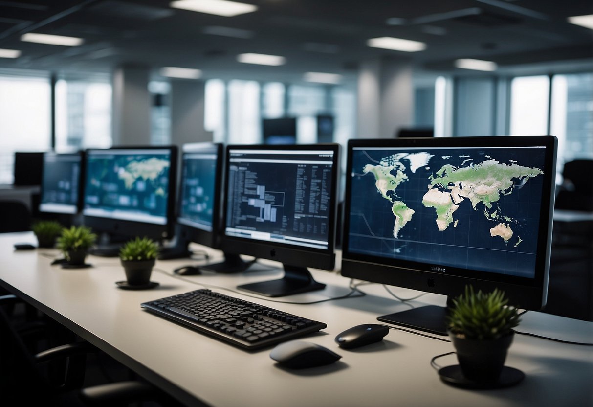 A modern office setting with computers, servers, and communication devices. A team of professionals collaborating on projects and exchanging information