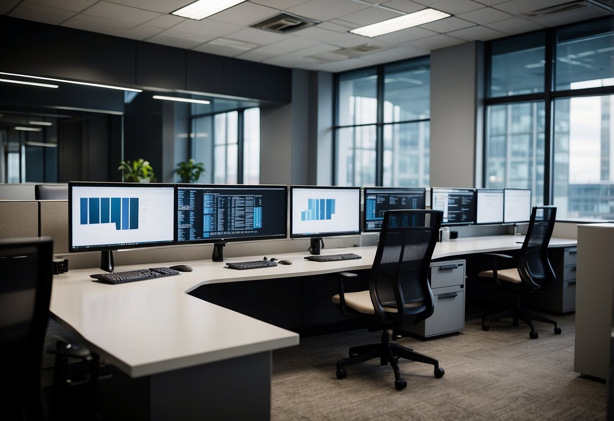 A modern office setting with computer workstations, digital screens, and sleek ergonomic furniture. The space exudes a sense of efficiency and innovation, with a focus on electronic administration development