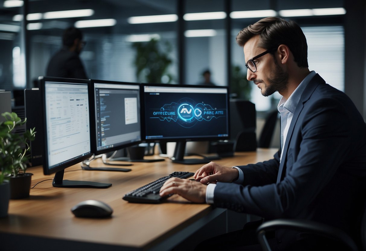 An office setting with ATICA logo displayed on a computer screen, with team members working together and discussing technology projects