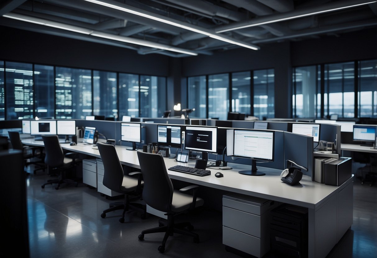 A modern office setting with computers, servers, and communication devices. A team of professionals collaborating on innovative technology solutions for government administration