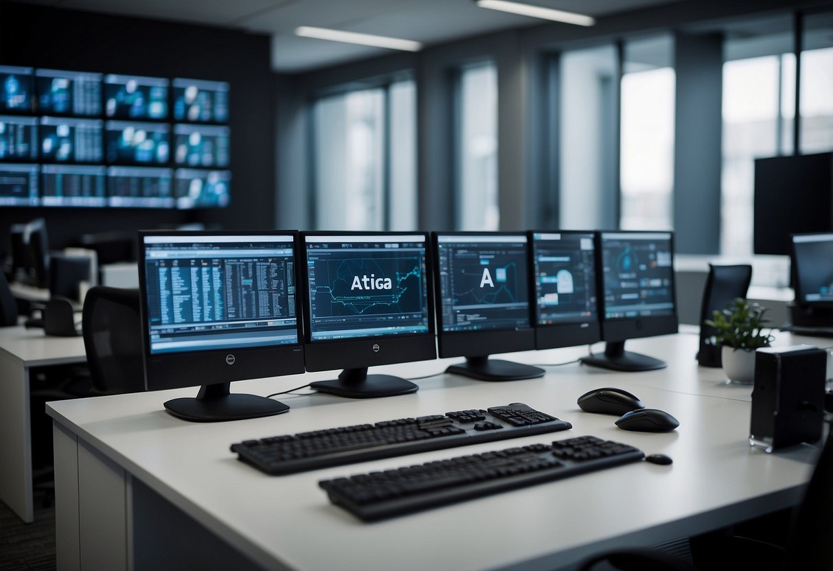 A modern office setting with computer screens, servers, and communication devices. The ATICA logo prominently displayed on the technology platforms and tools