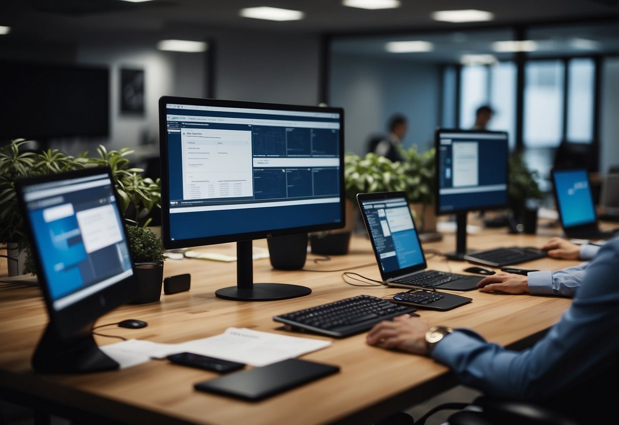 A modern office setting with computers, paperwork, and digital devices. A team collaborating and brainstorming ideas for electronic administration development