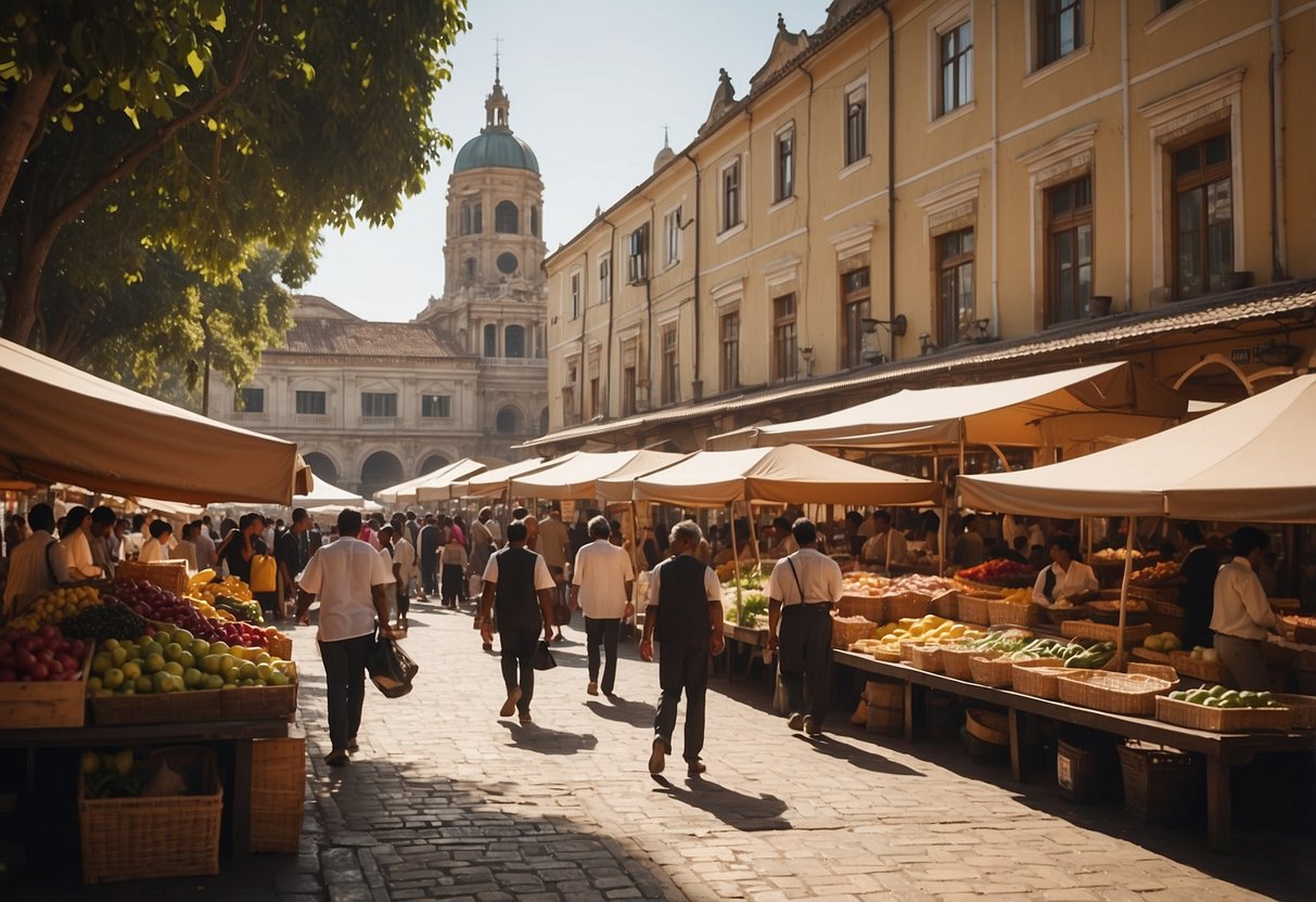 A bustling city square with various vendors and stalls, showcasing local products and goods. The scene depicts a vibrant and diverse public market influenced by its geographical location