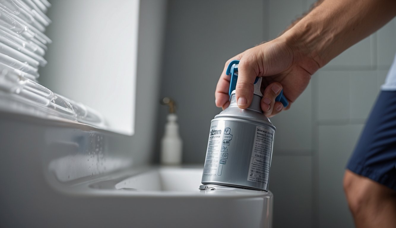 A hand holding a spray paint can, applying even strokes to bathroom fixtures. Masking tape covers surrounding areas. Ventilation is evident