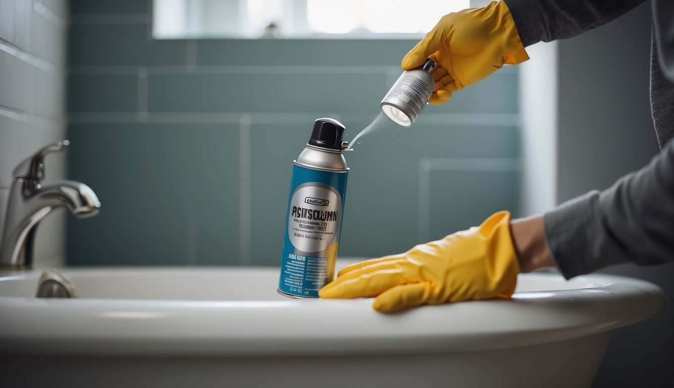 A hand holds a can of spray paint, while bathroom fixtures sit on a drop cloth. Ventilation is open, and the area is well-lit for the painting process