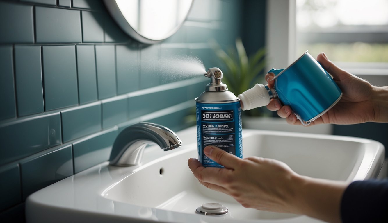 A hand holding a spray paint can, applying a smooth, even coat to bathroom fixtures. The fixtures are clean and dry, with masking tape protecting surrounding areas