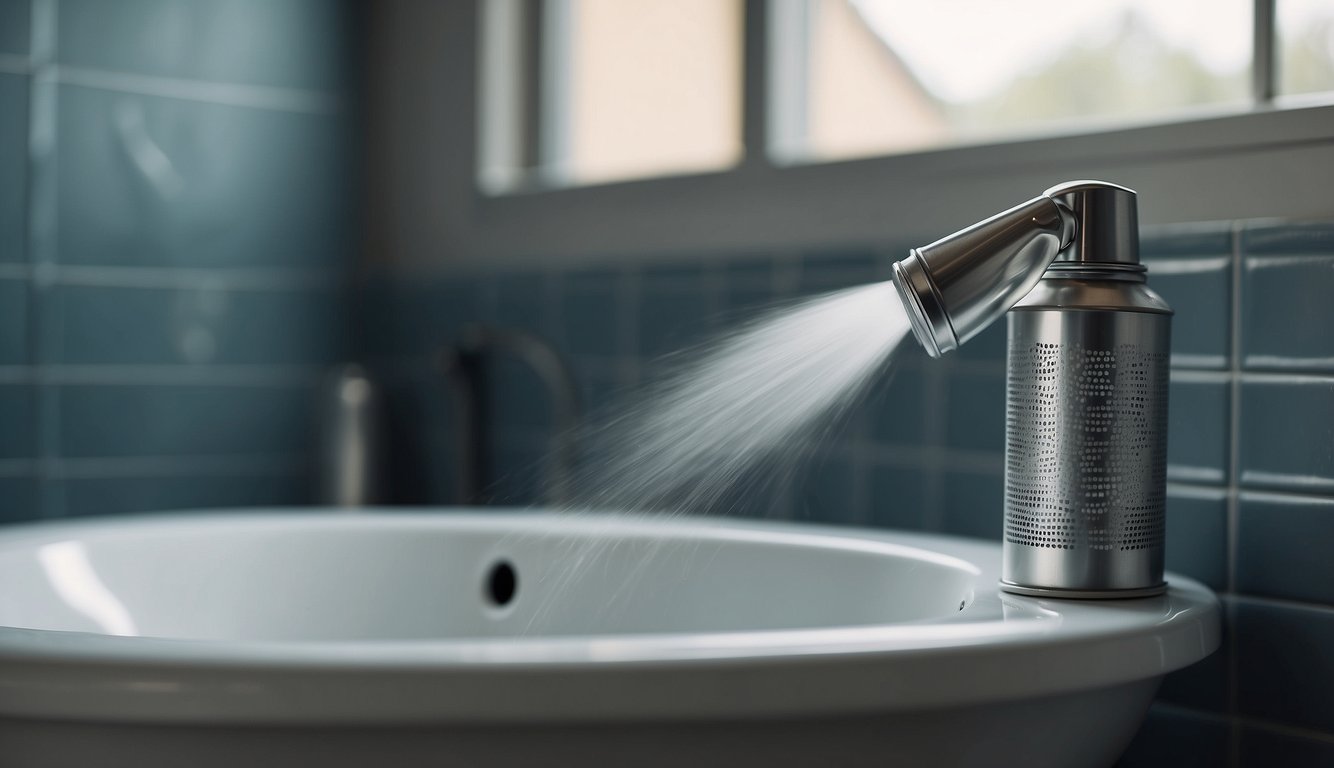 A bathroom fixture being spray painted with a can of paint, surrounded by protective coverings and ventilation