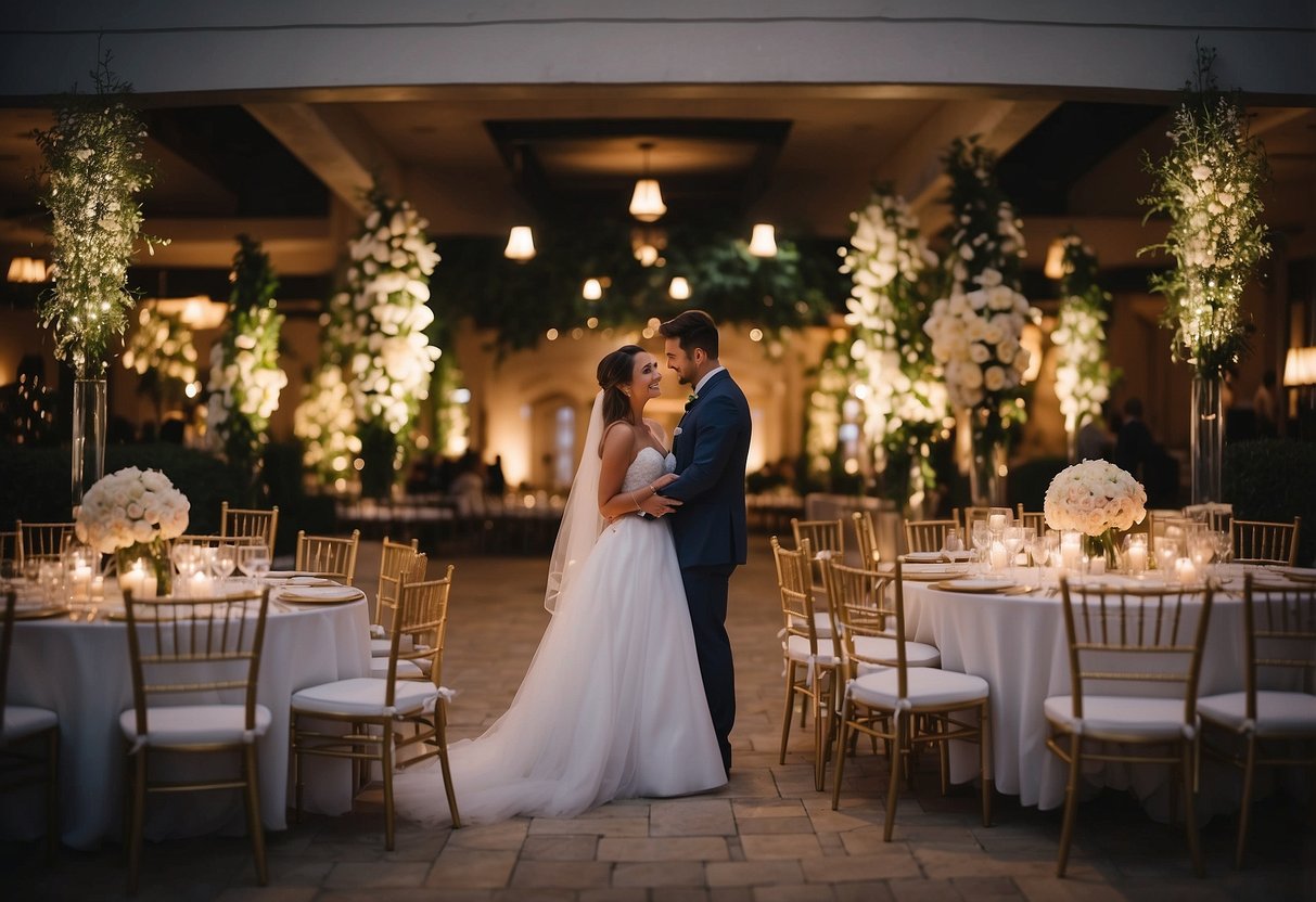 A couple looks at various venues, considering size, decor, and ambiance for their wedding. Tables and chairs are arranged, with flowers and lighting adding to the atmosphere