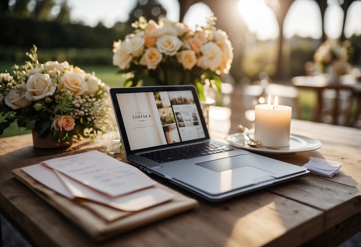 A table set with wedding planning materials, including invitations, flowers, and a schedule. A laptop open to a wedding planning website