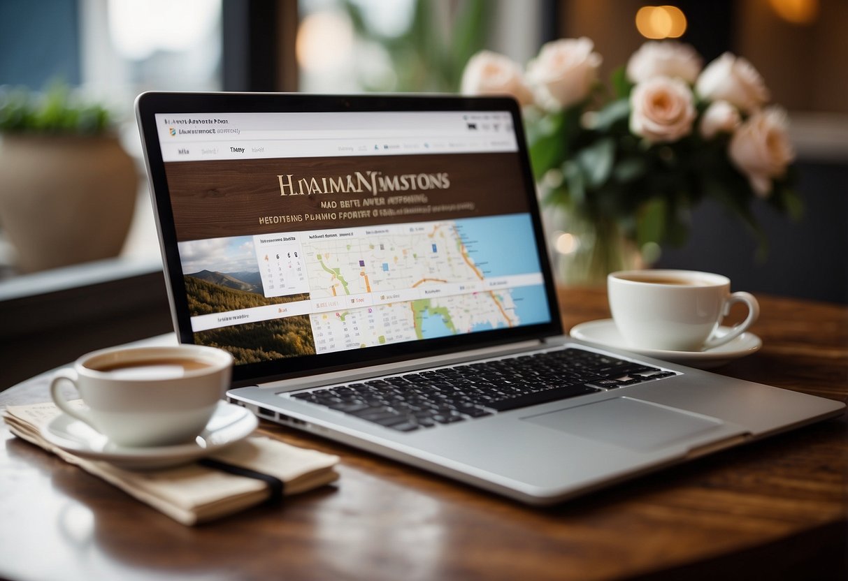 A table set with wedding planning books, a laptop, and a cup of coffee. A calendar with dates circled. A map with destination options