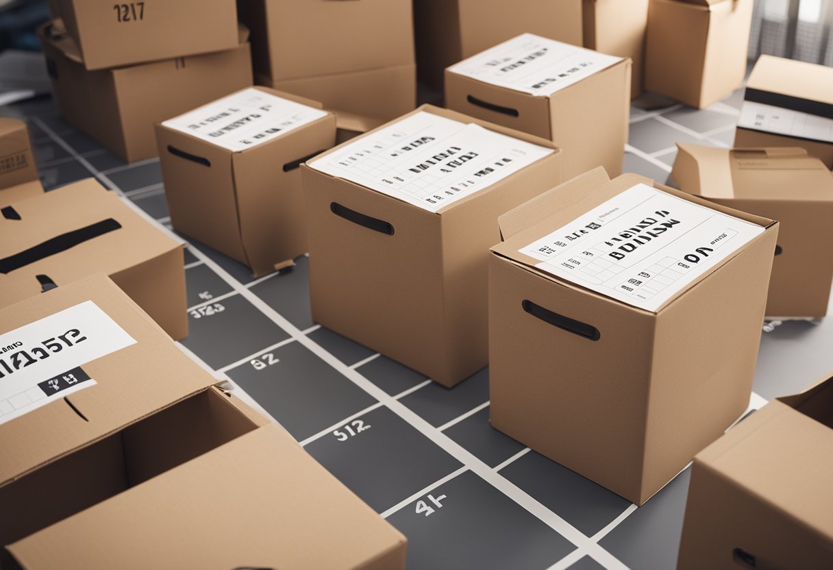 A stack of moving boxes labeled with room names, a floor plan, and a calendar with moving date circled