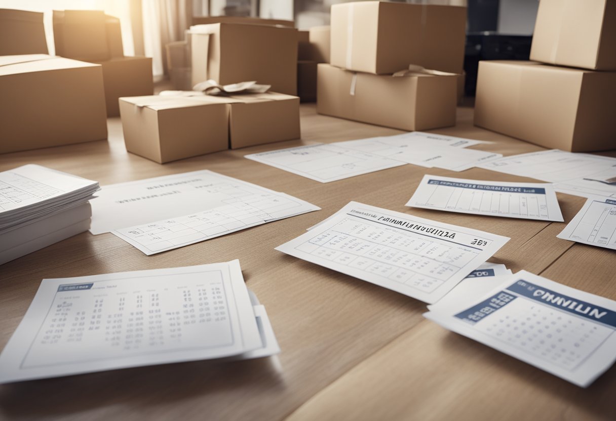 A family's belongings are packed into labeled boxes, a calendar with moving dates is visible, and a floor plan of the new house is laid out