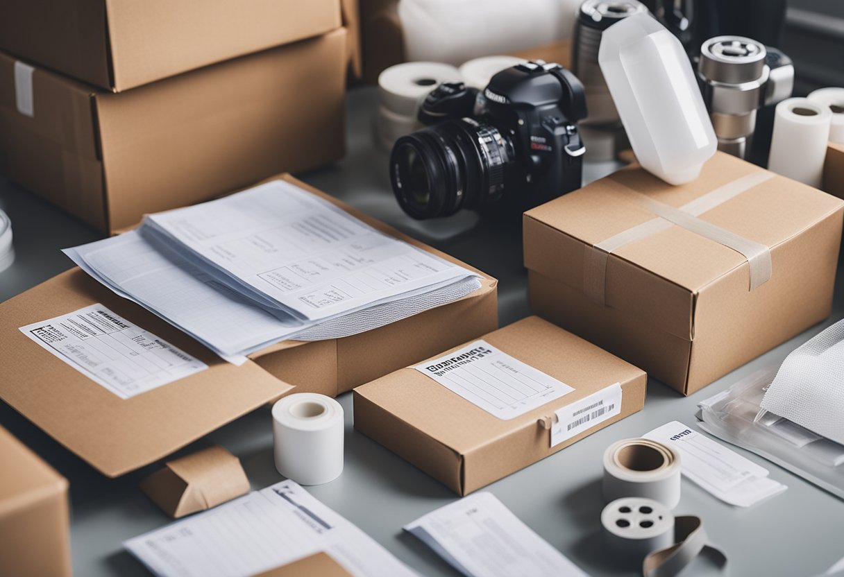 A checklist of moving essentials laid out on a table, including boxes, packing tape, bubble wrap, and labels