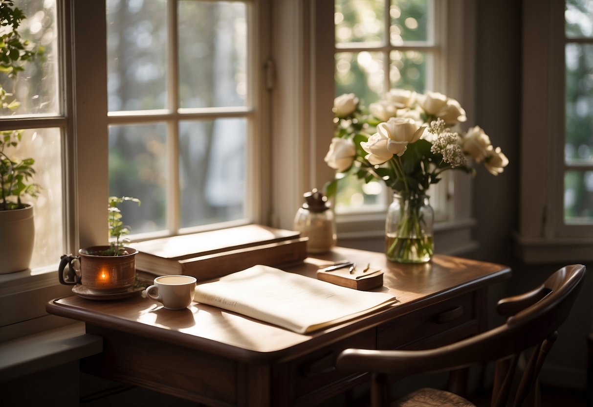 A cozy writing nook with a desk, pen, and paper. Soft natural light filters in through a window, creating a warm and inviting atmosphere for crafting heartfelt wedding vows