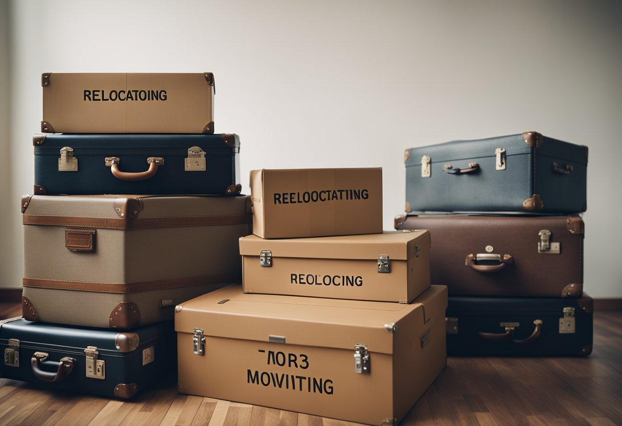 A stack of boxes labeled "moving" sits next to a pile of suitcases labeled "relocating" in a room